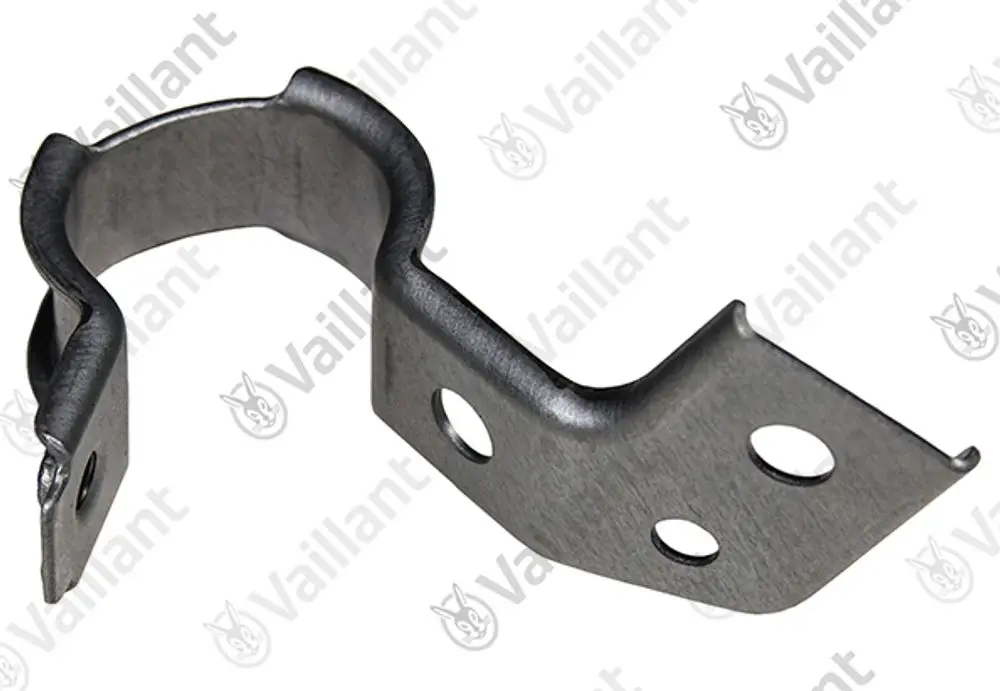 Halter von Vaillant aus Metall mit gebogener Form und zwei Löchern für die Befestigung. Geeignet für verschiedene Anwendungen in Heizsystemen.